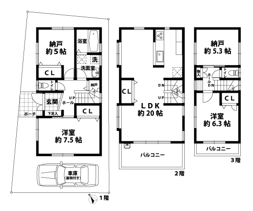 戸建3階の間取図