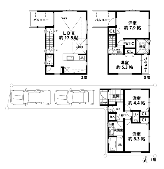 戸建3階の間取図